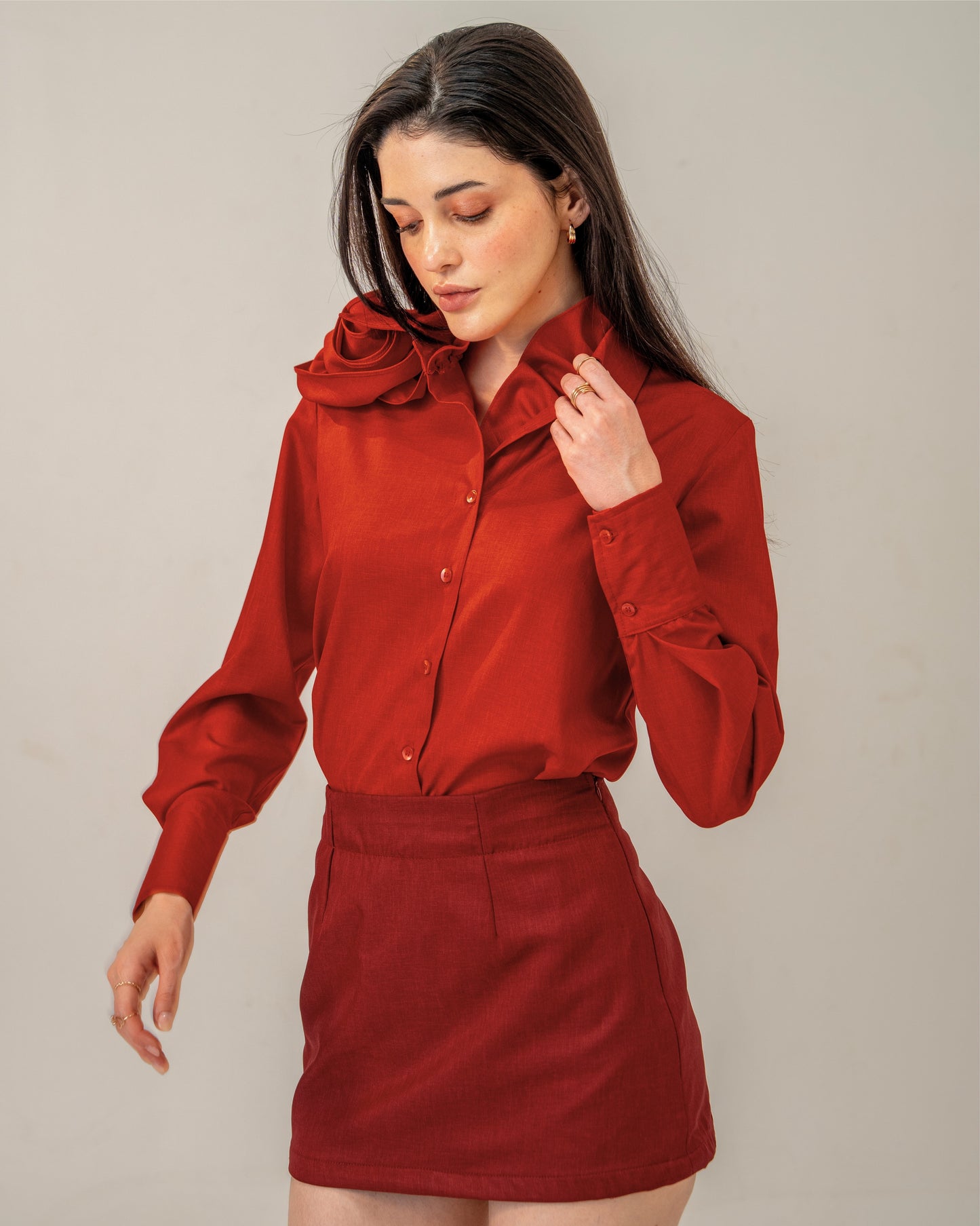 Love Affair Set – Sculpted Rose Shirt & Maroon Mini Skirt Co-ord Set for Women