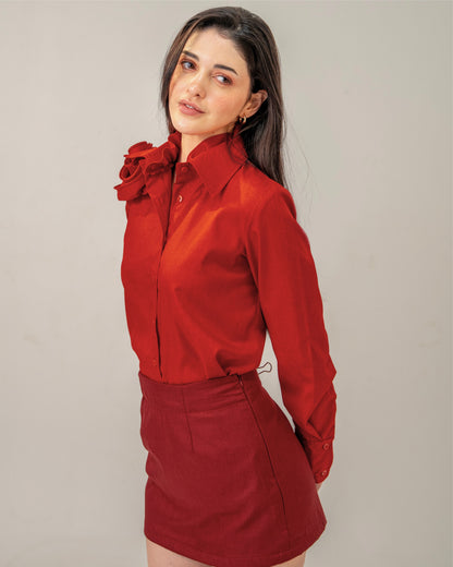 Love Affair Set – Sculpted Rose Shirt & Maroon Mini Skirt Co-ord Set for Women