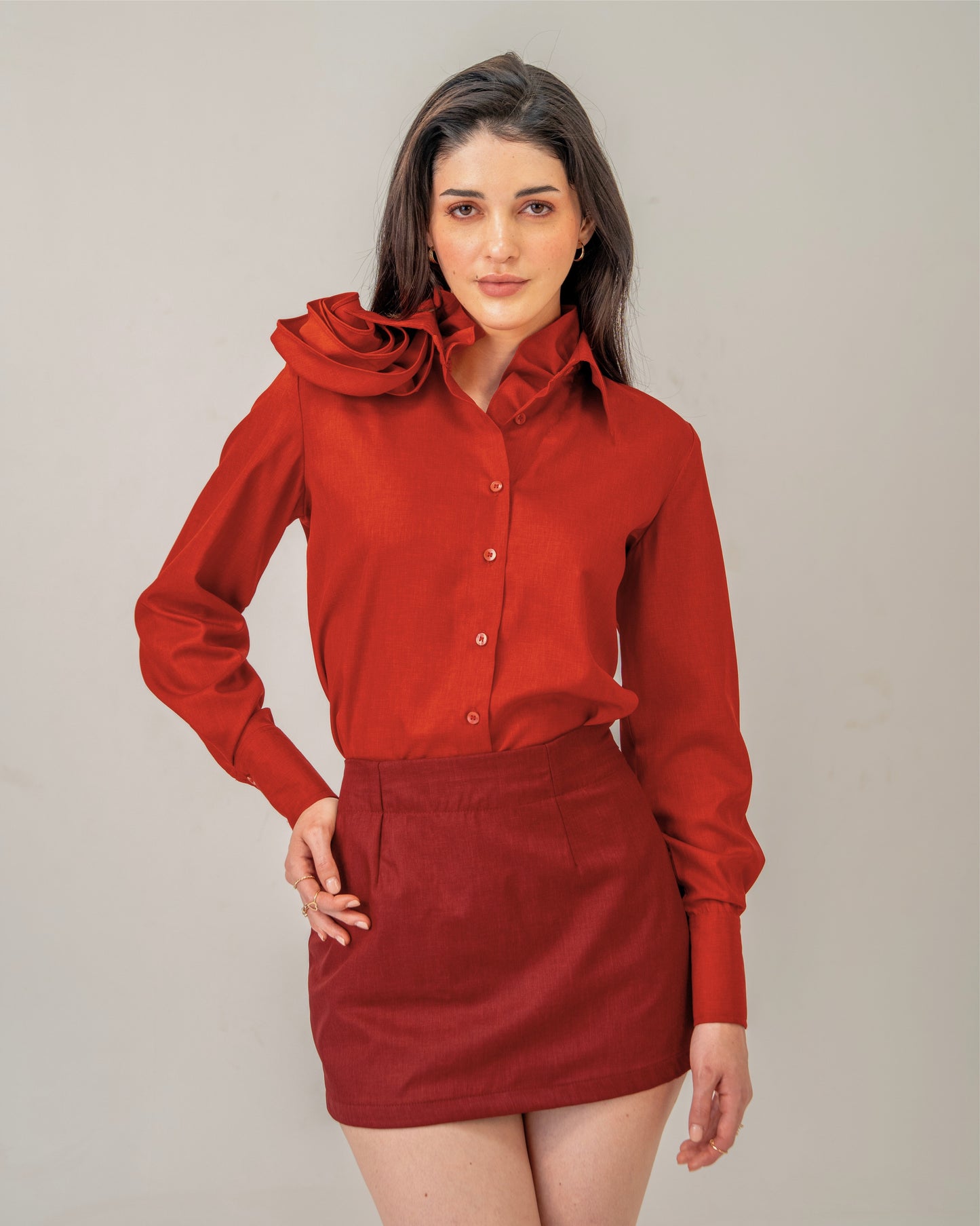 Love Affair Set – Sculpted Rose Shirt & Maroon Mini Skirt Co-ord Set for Women