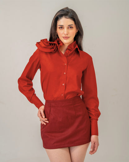 Love Affair Set – Sculpted Rose Shirt & Maroon Mini Skirt Co-ord Set for Women