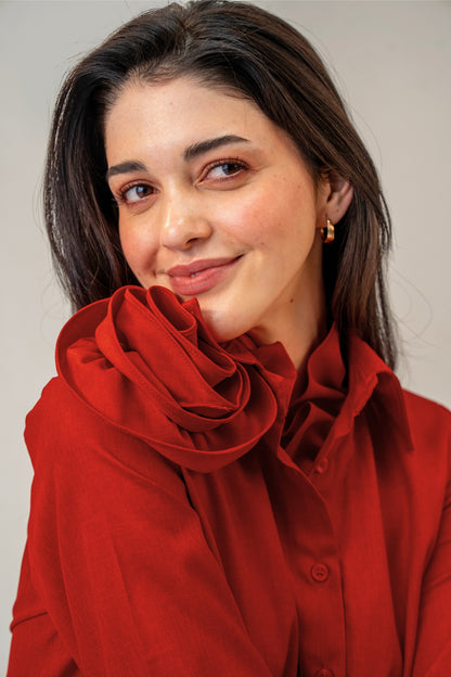 Love Affair Set – Sculpted Rose Shirt & Maroon Mini Skirt Co-ord Set for Women