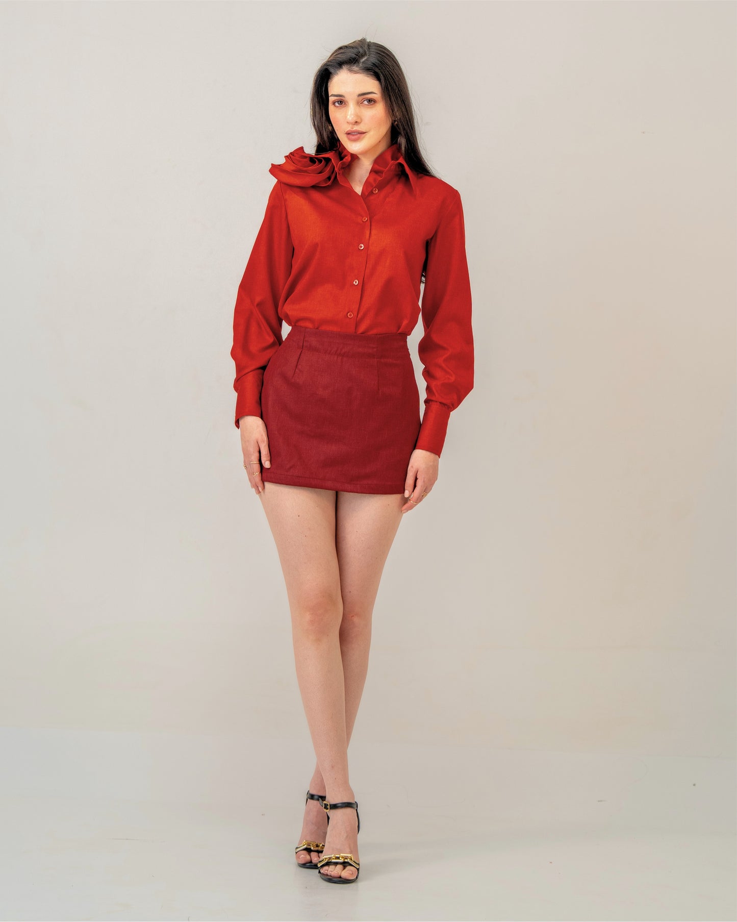 Love Affair Set – Sculpted Rose Shirt & Maroon Mini Skirt Co-ord Set for Women