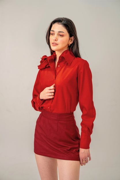 Love Affair Set – Sculpted Rose Shirt & Maroon Mini Skirt Co-ord Set for Women