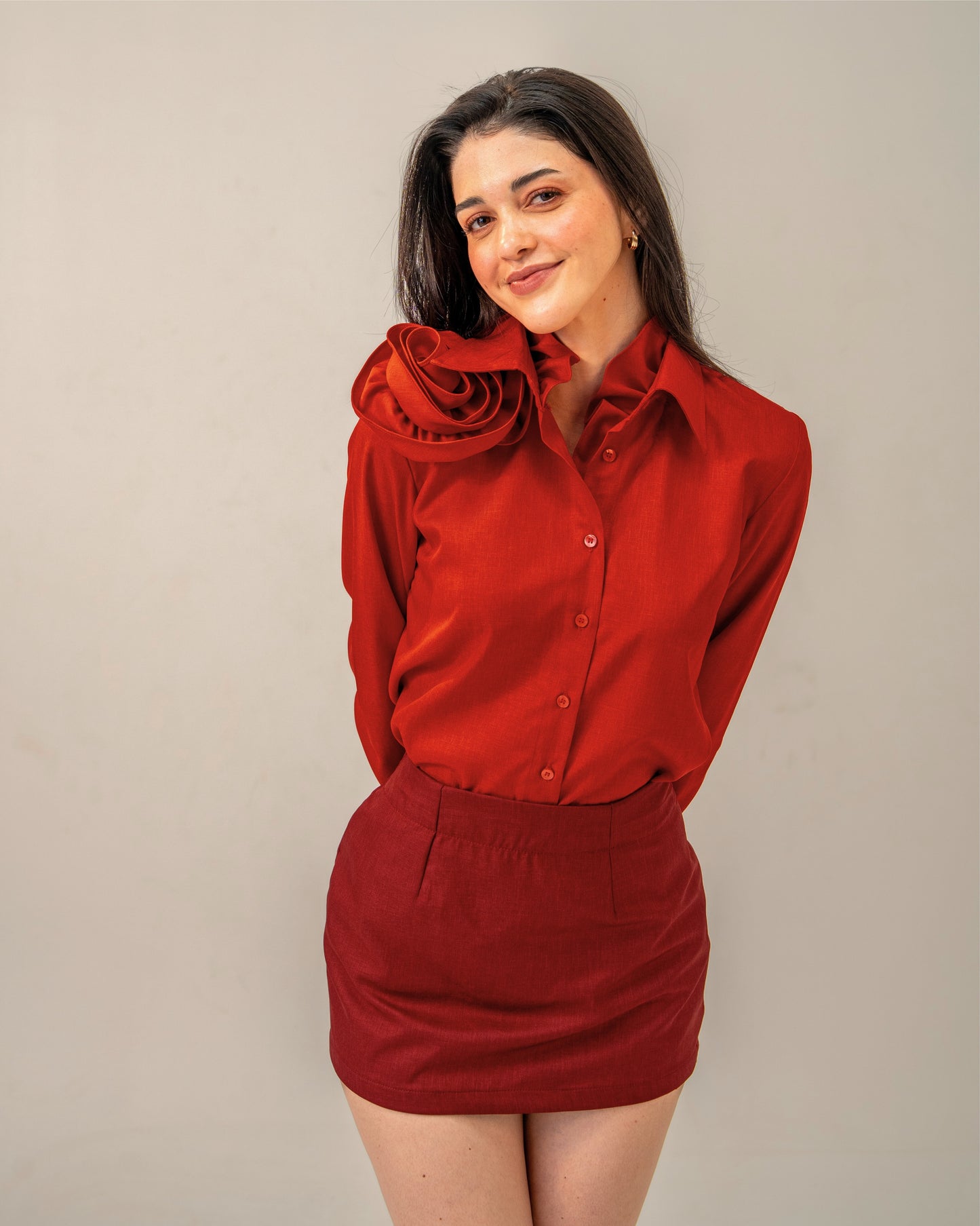 Love Affair Set – Sculpted Rose Shirt & Maroon Mini Skirt Co-ord Set for Women