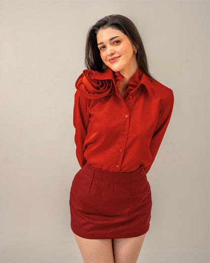 Love Affair Set – Sculpted Rose Shirt & Maroon Mini Skirt Co-ord Set for Women