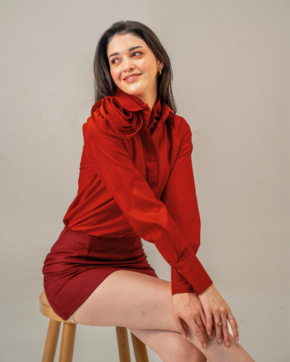 Love Affair Set – Sculpted Rose Shirt & Maroon Mini Skirt Co-ord Set for Women