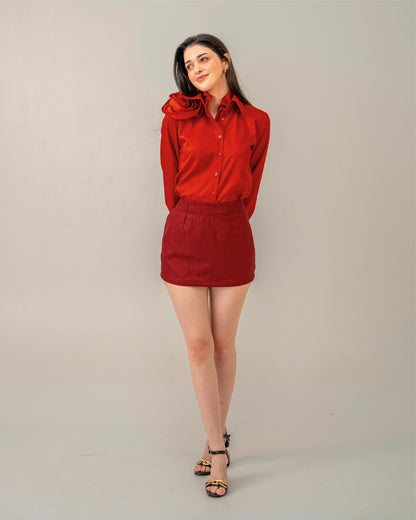 Love Affair Set – Sculpted Rose Shirt & Maroon Mini Skirt Co-ord Set for Women