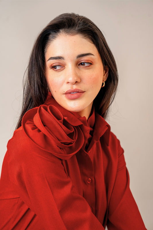 Love Affair Button Down - Sculpted 3D Handcrafted Rose Full-length Shirt for Women